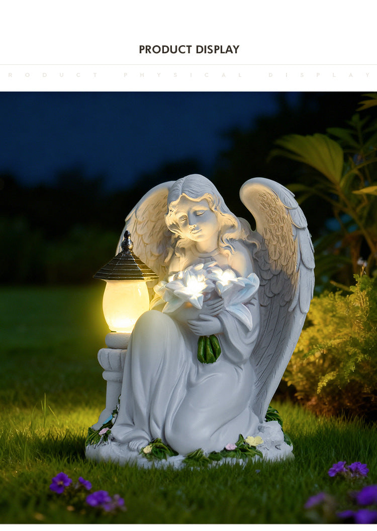 祈祷天使树脂摆件户外花园太阳能灯雕像 跪姿站姿天使雕塑庭院阳台装饰摆件 创意礼品合成树脂工艺品 自动发光夜灯 现代简约家居艺术装饰品 Angel Solar Garden Statue Outdoor Decor