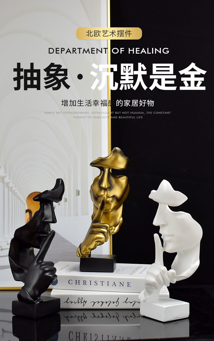 沉默是金抽象人脸雕像摆件 北欧轻奢客厅办公室桌面装饰品 树脂工艺品创意礼品